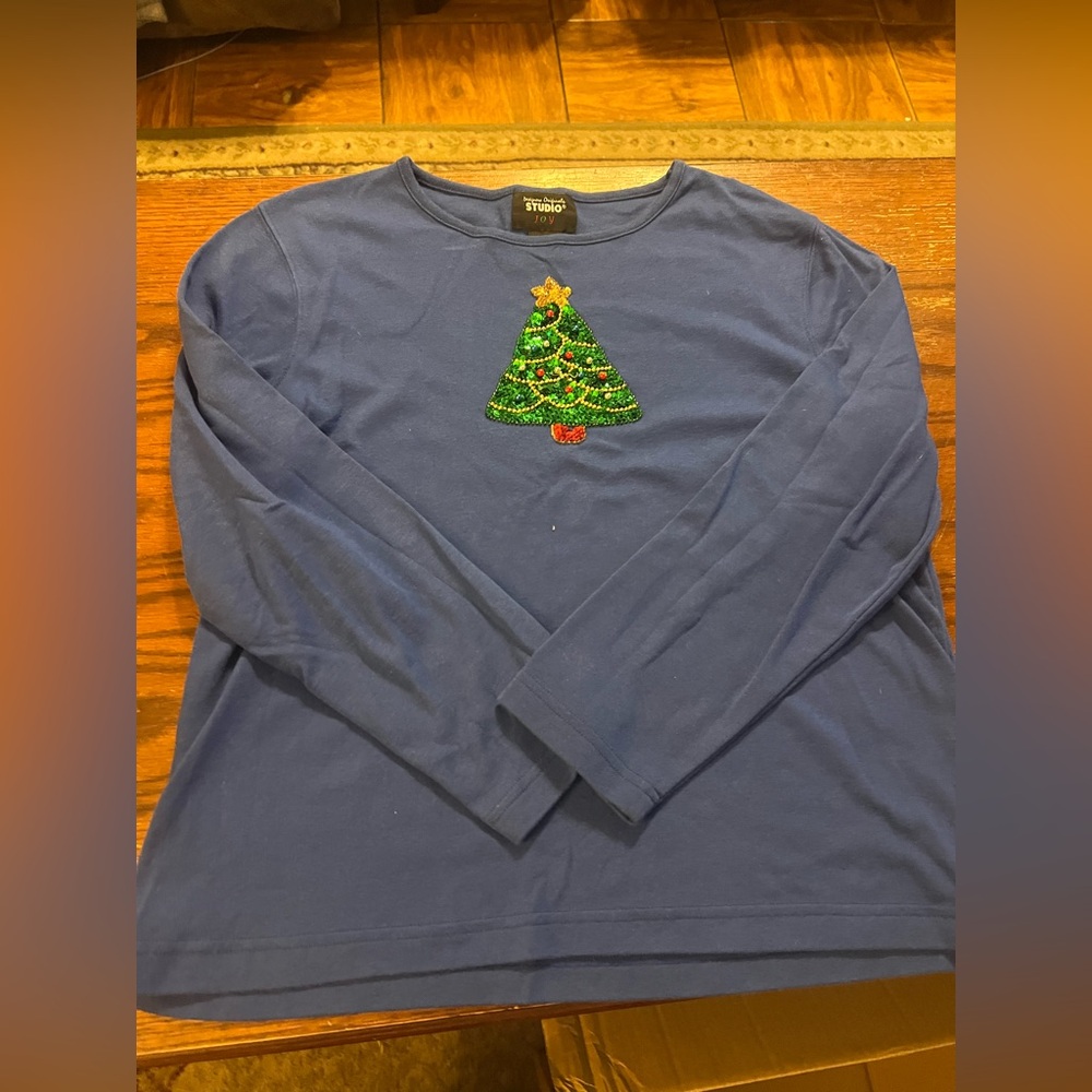 Designers Originals Blue Long Sleeve Tee with Christmas Tree - Picture 1 of 3